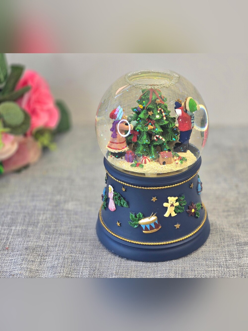 Vintage Musical Winter Christmas Tree & Kids Snow Globe Blue